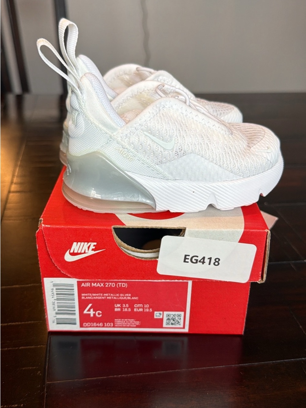 Nike Kids White/Silver Air Max 270 TD Sneakers